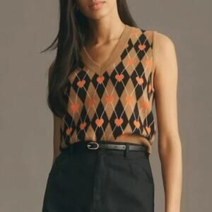 ANTHROPOLOGIE x MAEVE Vera Jacquard Sweater Vest Orange Heart Sz XS $98 {B51}